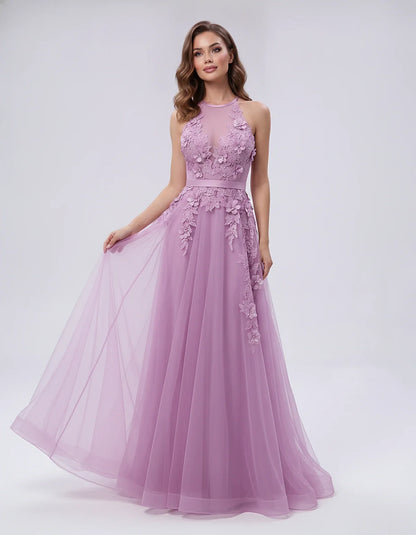 Tulle Sleeveless Halter Neck A-Line Maxi Dress with Floral Lace Appliqué for Party, Cocktail, Evening, Wedding Guest & Summer | SKU: AMD-583920174618352-LAVENDER-L,AMD-583920174618352-LAVENDER-M,AMD-583920174618352-LAVENDER-S,AMD-583920174618352-LAVENDER-XL,AMD-583920174618352-LAVENDER-XS