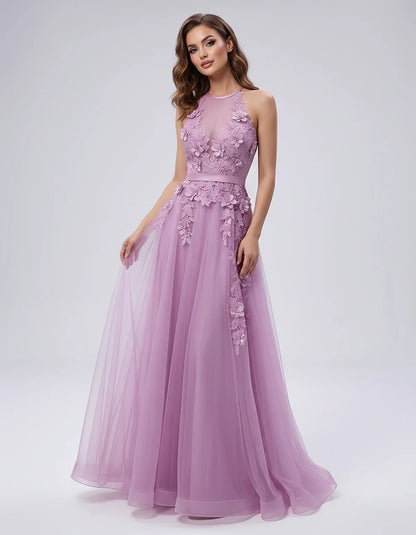 Tulle Sleeveless Halter Neck A-Line Maxi Dress with Floral Lace Appliqué for Party, Cocktail, Evening, Wedding Guest & Summer | SKU: AMD-583920174618352-LAVENDER-L,AMD-583920174618352-LAVENDER-M,AMD-583920174618352-LAVENDER-S,AMD-583920174618352-LAVENDER-XL,AMD-583920174618352-LAVENDER-XS