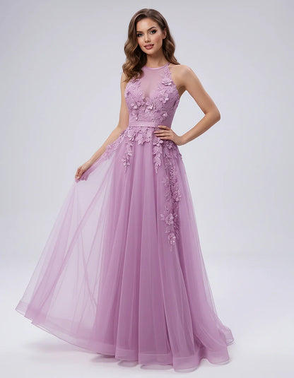 Tulle Sleeveless Halter Neck A-Line Maxi Dress with Floral Lace Appliqué for Party, Cocktail, Evening, Wedding Guest & Summer | SKU: AMD-583920174618352-LAVENDER-L,AMD-583920174618352-LAVENDER-M,AMD-583920174618352-LAVENDER-S,AMD-583920174618352-LAVENDER-XL,AMD-583920174618352-LAVENDER-XS