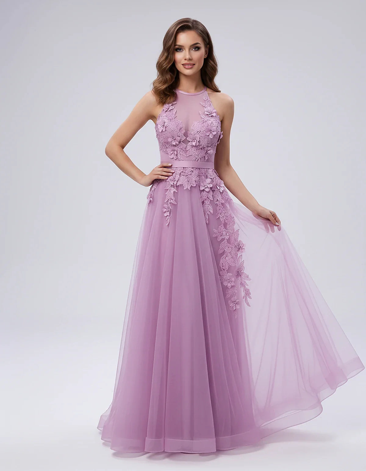 Tulle Sleeveless Halter Neck A-Line Maxi Dress with Floral Lace Appliqué for Party, Cocktail, Evening, Wedding Guest & Summer | SKU: AMD-583920174618352-PINK-L,AMD-583920174618352-PINK-M,AMD-583920174618352-PINK-S,AMD-583920174618352-PINK-XL,AMD-583920174618352-PINK-XS
