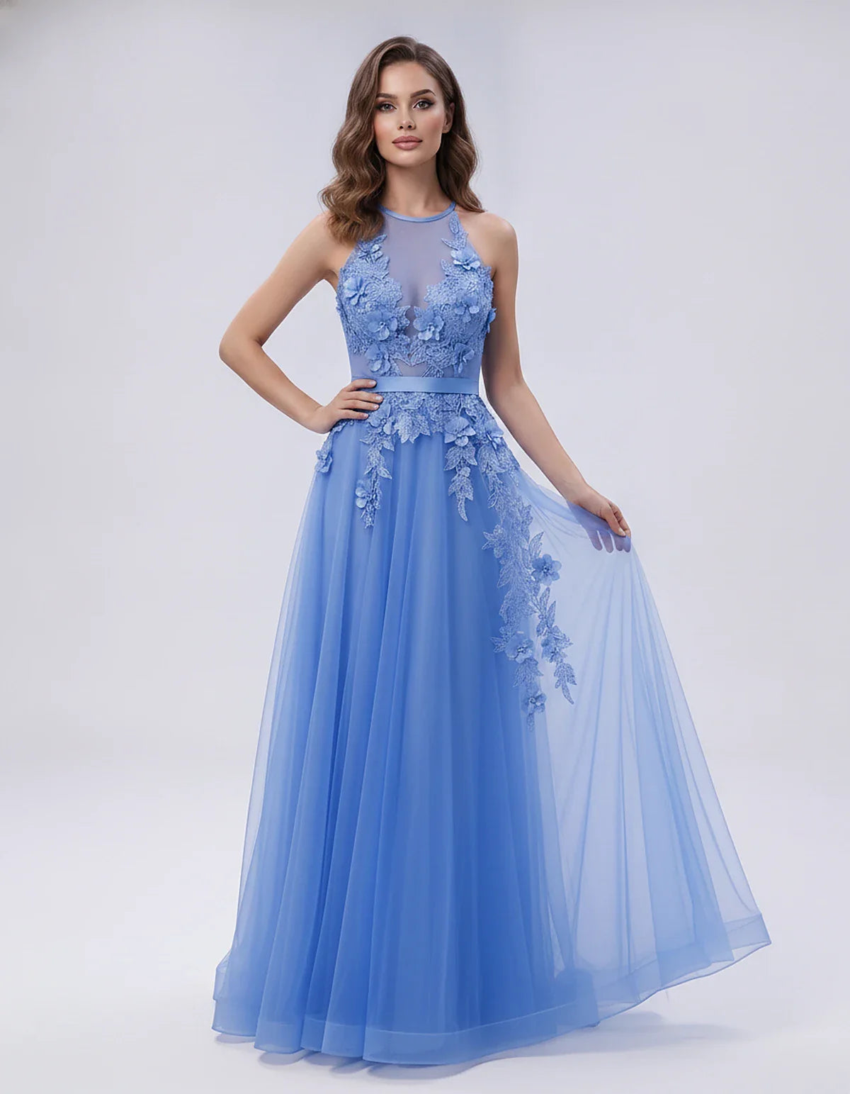 Tulle Sleeveless Halter Neck A-Line Maxi Dress with Floral Lace Appliqué for Party, Cocktail, Evening, Wedding Guest & Summer | SKU: AMD-583920174618352-BLUE-L,AMD-583920174618352-BLUE-M,AMD-583920174618352-BLUE-S,AMD-583920174618352-BLUE-XL,AMD-583920174618352-BLUE-XS