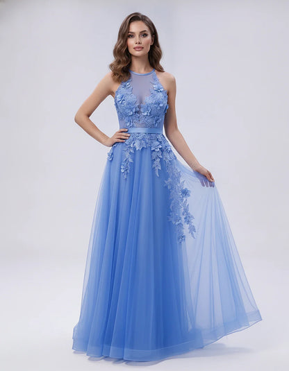 Tulle Sleeveless Halter Neck A-Line Maxi Dress with Floral Lace Appliqué for Party, Cocktail, Evening, Wedding Guest & Summer | SKU: AMD-583920174618352-BLUE-L,AMD-583920174618352-BLUE-M,AMD-583920174618352-BLUE-S,AMD-583920174618352-BLUE-XL,AMD-583920174618352-BLUE-XS