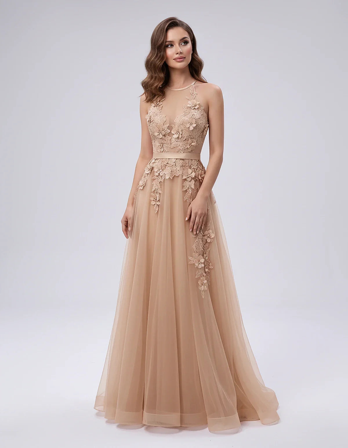 Tulle Sleeveless Halter Neck A-Line Maxi Dress with Floral Lace Appliqué for Party, Cocktail, Evening, Wedding Guest & Summer | SKU: AMD-583920174618352-CHAMPAGNE-L,AMD-583920174618352-CHAMPAGNE-M,AMD-583920174618352-CHAMPAGNE-S,AMD-583920174618352-CHAMPAGNE-XL,AMD-583920174618352-CHAMPAGNE-XS