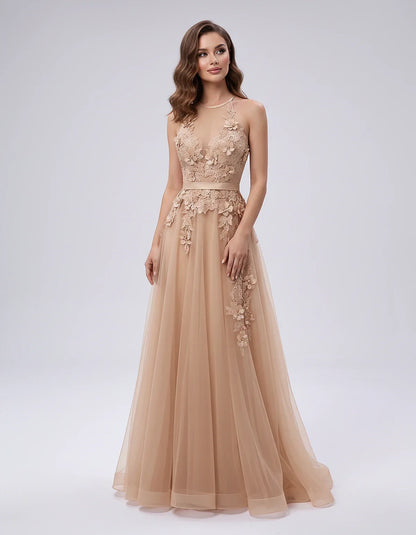 Tulle Sleeveless Halter Neck A-Line Maxi Dress with Floral Lace Appliqué for Party, Cocktail, Evening, Wedding Guest & Summer | SKU: AMD-583920174618352-CHAMPAGNE-L,AMD-583920174618352-CHAMPAGNE-M,AMD-583920174618352-CHAMPAGNE-S,AMD-583920174618352-CHAMPAGNE-XL,AMD-583920174618352-CHAMPAGNE-XS
