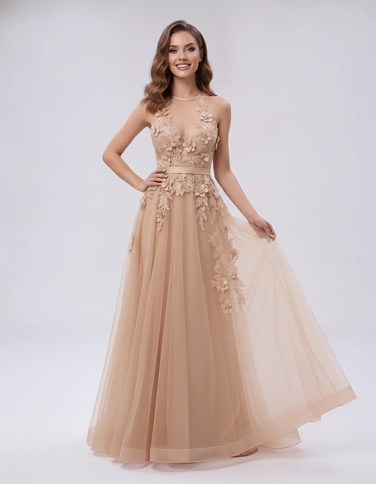 Tulle Sleeveless Halter Neck A-Line Maxi Dress with Floral Lace Appliqué for Party, Cocktail, Evening, Wedding Guest & Summer | SKU: AMD-583920174618352-CHAMPAGNE-L,AMD-583920174618352-CHAMPAGNE-M,AMD-583920174618352-CHAMPAGNE-S,AMD-583920174618352-CHAMPAGNE-XL,AMD-583920174618352-CHAMPAGNE-XS