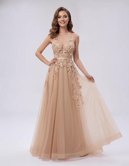 Tulle Sleeveless Halter Neck A-Line Maxi Dress with Floral Lace Appliqué for Party, Cocktail, Evening, Wedding Guest & Summer | SKU: AMD-583920174618352-CHAMPAGNE-L,AMD-583920174618352-CHAMPAGNE-M,AMD-583920174618352-CHAMPAGNE-S,AMD-583920174618352-CHAMPAGNE-XL,AMD-583920174618352-CHAMPAGNE-XS