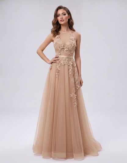 Tulle Sleeveless Halter Neck A-Line Maxi Dress with Floral Lace Appliqué for Party, Cocktail, Evening, Wedding Guest & Summer | SKU: AMD-583920174618352-CHAMPAGNE-L,AMD-583920174618352-CHAMPAGNE-M,AMD-583920174618352-CHAMPAGNE-S,AMD-583920174618352-CHAMPAGNE-XL,AMD-583920174618352-CHAMPAGNE-XS