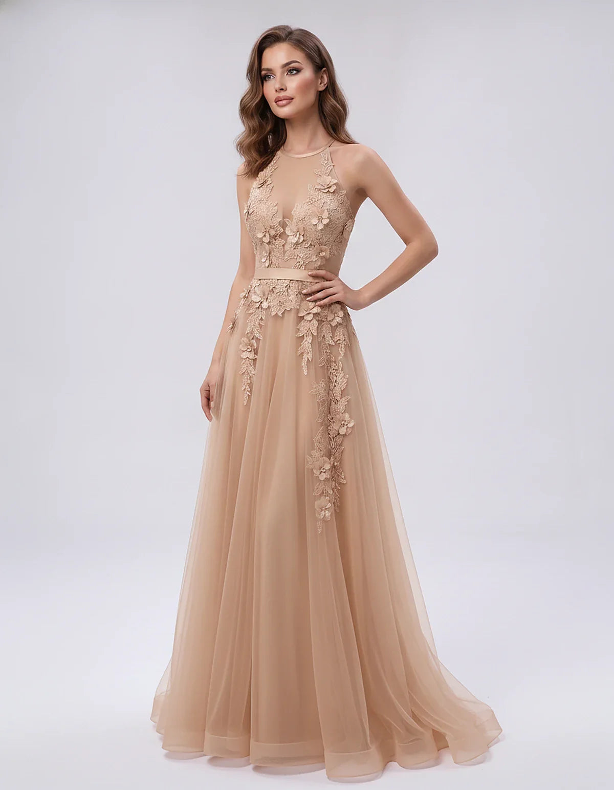 Tulle Sleeveless Halter Neck A-Line Maxi Dress with Floral Lace Appliqué for Party, Cocktail, Evening, Wedding Guest & Summer | SKU: AMD-583920174618352-CHAMPAGNE-L,AMD-583920174618352-CHAMPAGNE-M,AMD-583920174618352-CHAMPAGNE-S,AMD-583920174618352-CHAMPAGNE-XL,AMD-583920174618352-CHAMPAGNE-XS