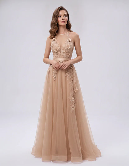 Tulle Sleeveless Halter Neck A-Line Maxi Dress with Floral Lace Appliqué for Party, Cocktail, Evening, Wedding Guest & Summer | SKU: AMD-583920174618352-CHAMPAGNE-L,AMD-583920174618352-CHAMPAGNE-M,AMD-583920174618352-CHAMPAGNE-S,AMD-583920174618352-CHAMPAGNE-XL,AMD-583920174618352-CHAMPAGNE-XS
