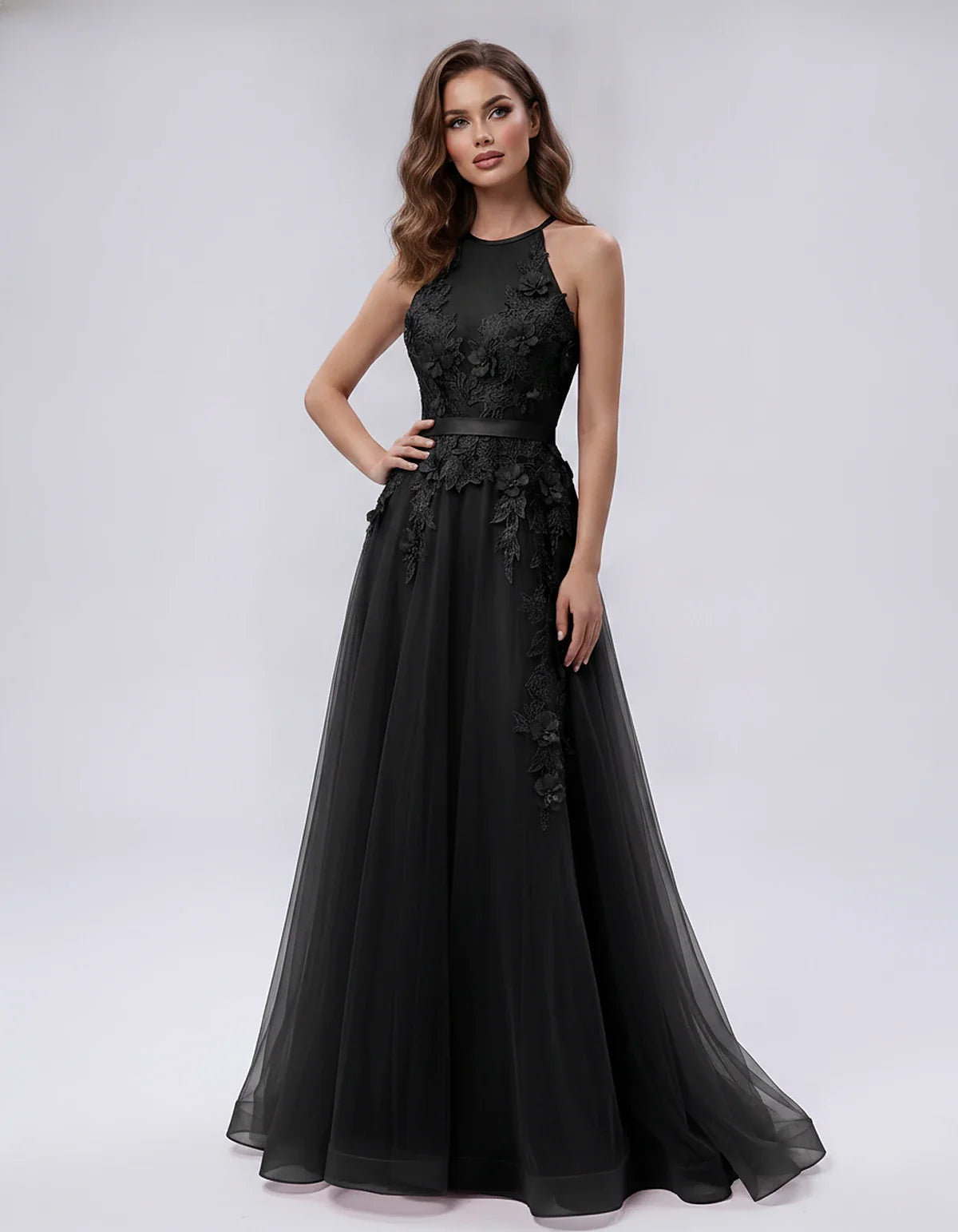 Tulle Sleeveless Halter Neck A-Line Maxi Dress with Floral Lace Appliqué for Party, Cocktail, Evening, Wedding Guest & Summer | SKU: AMD-583920174618352-BLACK-L,AMD-583920174618352-BLACK-M,AMD-583920174618352-BLACK-S,AMD-583920174618352-BLACK-XL,AMD-583920174618352-BLACK-XS