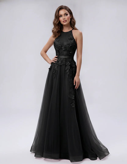 Tulle Sleeveless Halter Neck A-Line Maxi Dress with Floral Lace Appliqué for Party, Cocktail, Evening, Wedding Guest & Summer | SKU: AMD-583920174618352-BLACK-L,AMD-583920174618352-BLACK-M,AMD-583920174618352-BLACK-S,AMD-583920174618352-BLACK-XL,AMD-583920174618352-BLACK-XS