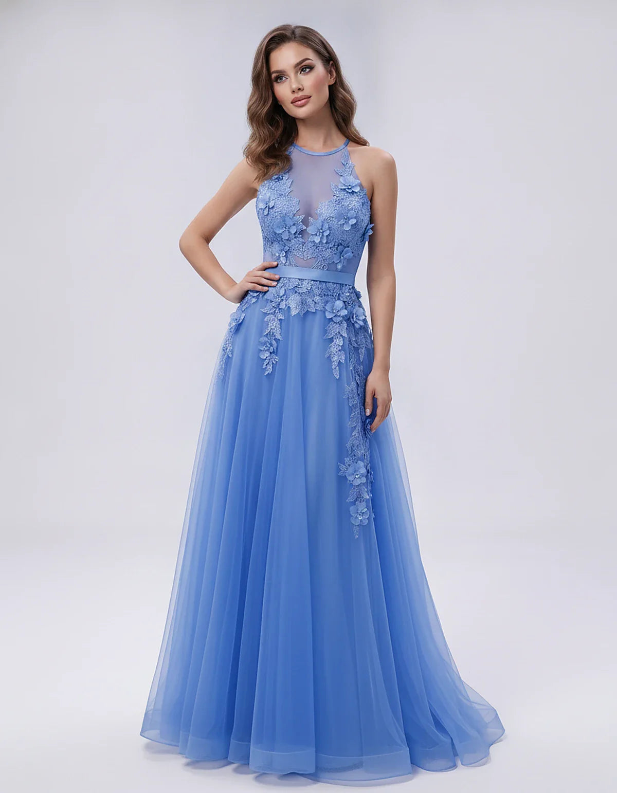Tulle Sleeveless Halter Neck A-Line Maxi Dress with Floral Lace Appliqué for Party, Cocktail, Evening, Wedding Guest & Summer | SKU: AMD-583920174618352-BLUE-L,AMD-583920174618352-BLUE-M,AMD-583920174618352-BLUE-S,AMD-583920174618352-BLUE-XL,AMD-583920174618352-BLUE-XS