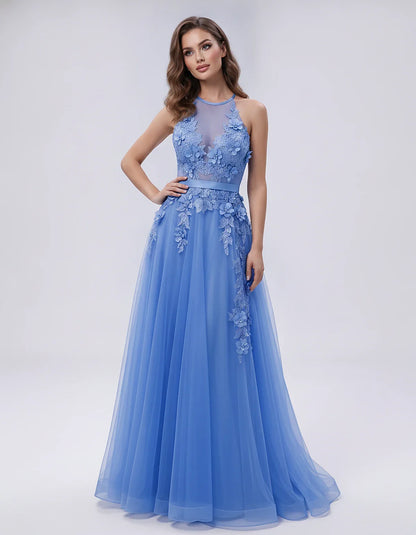 Tulle Sleeveless Halter Neck A-Line Maxi Dress with Floral Lace Appliqué for Party, Cocktail, Evening, Wedding Guest & Summer | SKU: AMD-583920174618352-BLUE-L,AMD-583920174618352-BLUE-M,AMD-583920174618352-BLUE-S,AMD-583920174618352-BLUE-XL,AMD-583920174618352-BLUE-XS