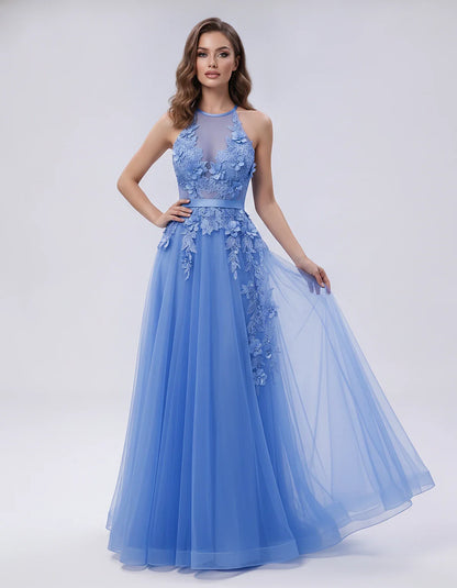 Tulle Sleeveless Halter Neck A-Line Maxi Dress with Floral Lace Appliqué for Party, Cocktail, Evening, Wedding Guest & Summer | SKU: AMD-583920174618352-BLUE-L,AMD-583920174618352-BLUE-M,AMD-583920174618352-BLUE-S,AMD-583920174618352-BLUE-XL,AMD-583920174618352-BLUE-XS