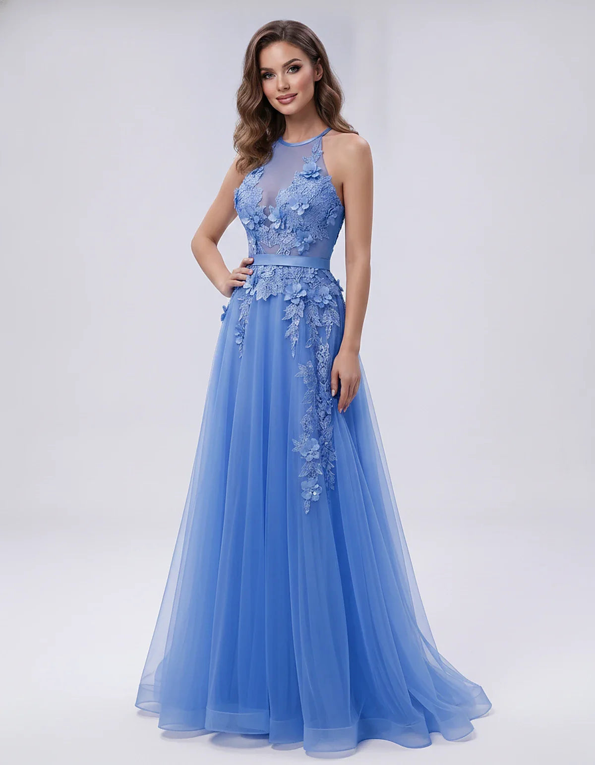 Tulle Sleeveless Halter Neck A-Line Maxi Dress with Floral Lace Appliqué for Party, Cocktail, Evening, Wedding Guest & Summer | SKU: AMD-583920174618352-BLUE-L,AMD-583920174618352-BLUE-M,AMD-583920174618352-BLUE-S,AMD-583920174618352-BLUE-XL,AMD-583920174618352-BLUE-XS