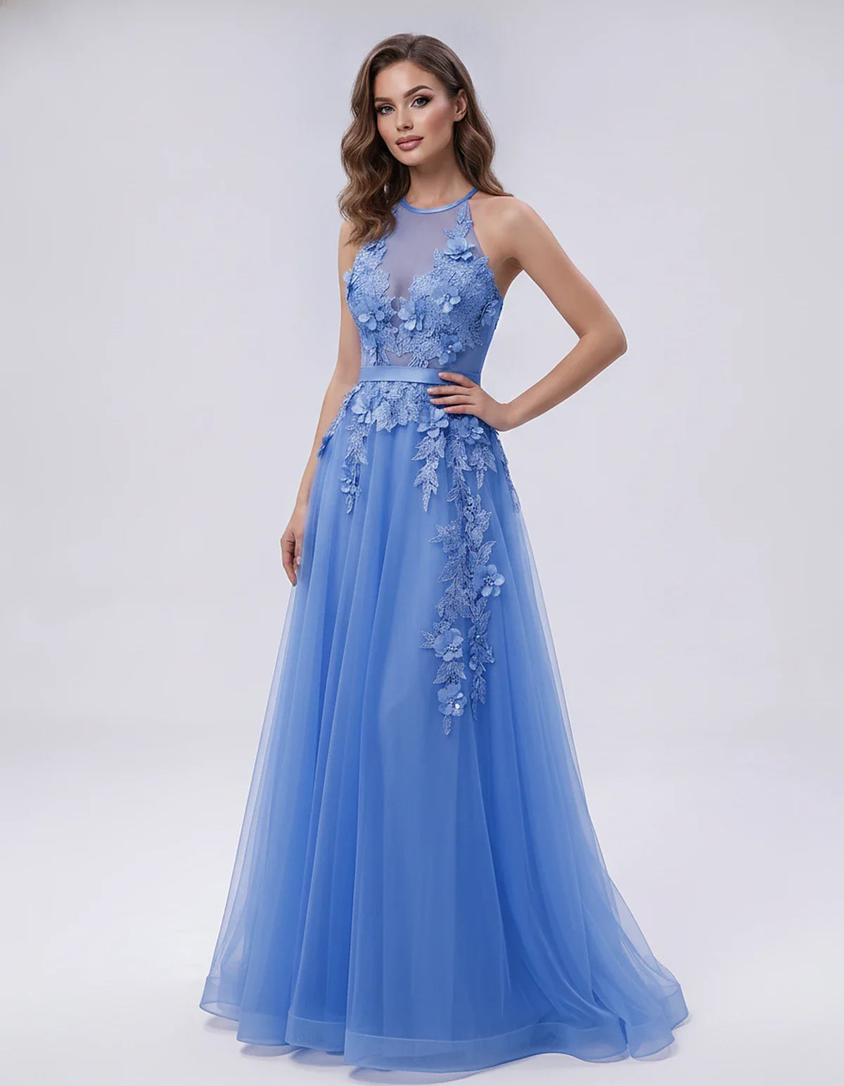 Tulle Sleeveless Halter Neck A-Line Maxi Dress with Floral Lace Appliqué for Party, Cocktail, Evening, Wedding Guest & Summer | SKU: AMD-583920174618352-BLUE-L,AMD-583920174618352-BLUE-M,AMD-583920174618352-BLUE-S,AMD-583920174618352-BLUE-XL,AMD-583920174618352-BLUE-XS