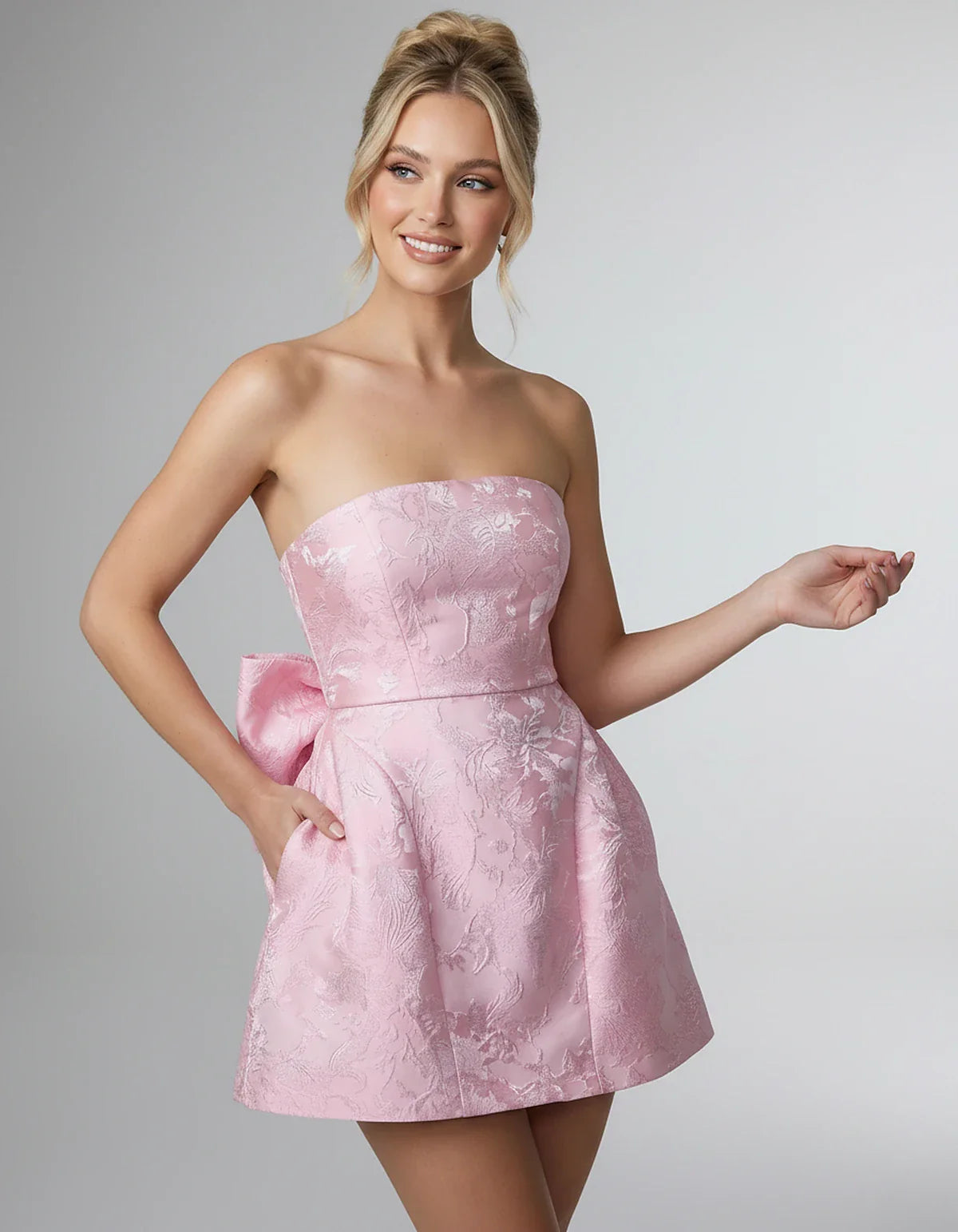 Jacquard Polyester Strapless Ball Gown Mini Dress with Bow Detail for Party, Cocktail, Evening, Summer & Wedding Guest Events | SKU: CMD-583741962851407-PINK-L,CMD-583741962851407-PINK-M,CMD-583741962851407-PINK-S,CMD-583741962851407-PINK-XL,CMD-583741962851407-PINK-XS