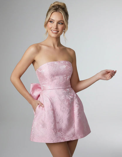 Jacquard Polyester Strapless Ball Gown Mini Dress with Bow Detail for Party, Cocktail, Evening, Summer & Wedding Guest Events | SKU: CMD-583741962851407-PINK-L,CMD-583741962851407-PINK-M,CMD-583741962851407-PINK-S,CMD-583741962851407-PINK-XL,CMD-583741962851407-PINK-XS