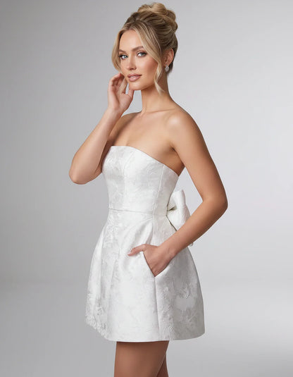 Jacquard Polyester Strapless Ball Gown Mini Dress with Bow Detail for Party, Cocktail, Evening, Summer & Wedding Guest Events | SKU: CMD-583741962851407-WHITE-L,CMD-583741962851407-WHITE-M,CMD-583741962851407-WHITE-S,CMD-583741962851407-WHITE-XL,CMD-583741962851407-WHITE-XS