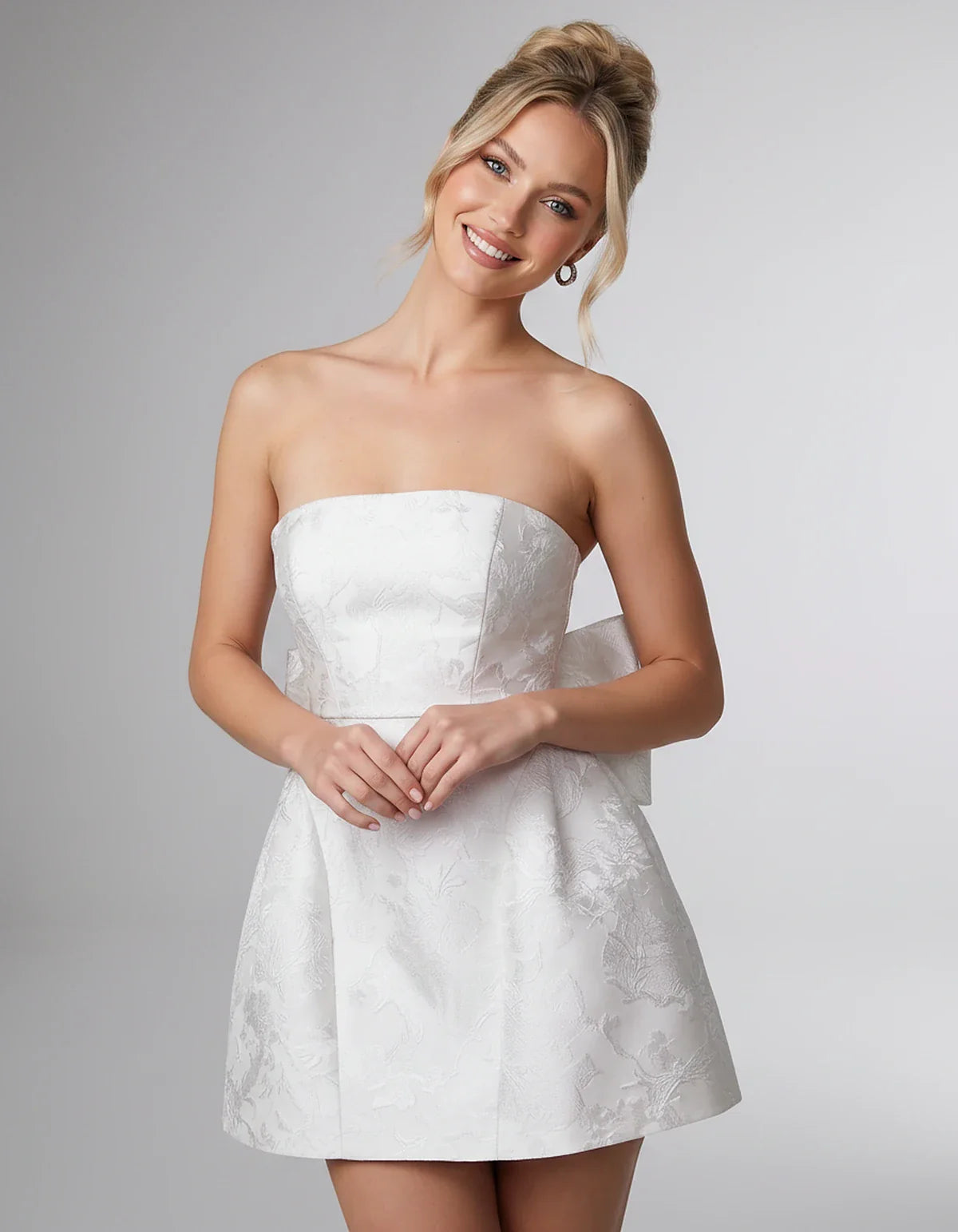 Jacquard Polyester Strapless Ball Gown Mini Dress with Bow Detail for Party, Cocktail, Evening, Summer & Wedding Guest Events | SKU: CMD-583741962851407-WHITE-L,CMD-583741962851407-WHITE-M,CMD-583741962851407-WHITE-S,CMD-583741962851407-WHITE-XL,CMD-583741962851407-WHITE-XS