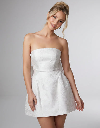 Jacquard Polyester Strapless Ball Gown Mini Dress with Bow Detail for Party, Cocktail, Evening, Summer & Wedding Guest Events | SKU: CMD-583741962851407-WHITE-L,CMD-583741962851407-WHITE-M,CMD-583741962851407-WHITE-S,CMD-583741962851407-WHITE-XL,CMD-583741962851407-WHITE-XS
