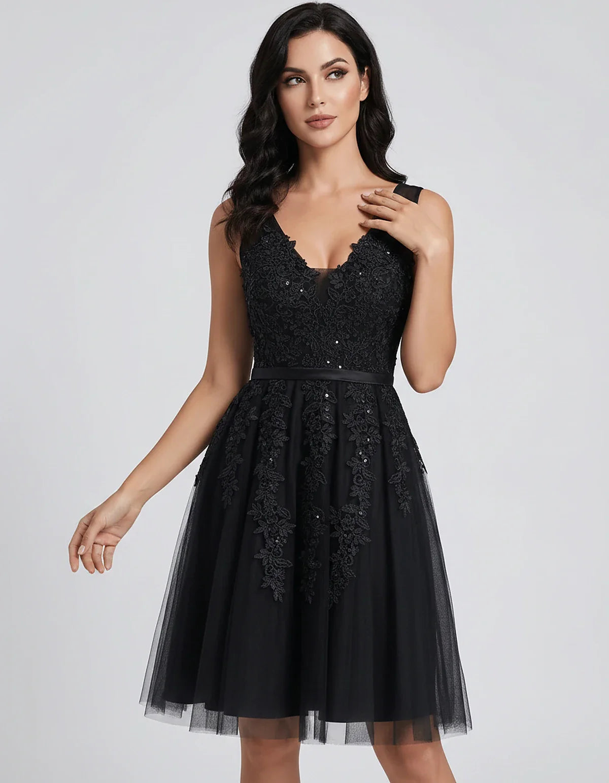 Tulle Lace Appliqué Sleeveless V-Neck A-Line Mini Dress for Party, Cocktail, Evening, Wedding Guest, Summer Events, front vie | SKU: AMD-583947261840157-BLACK-L,AMD-583947261840157-BLACK-M,AMD-583947261840157-BLACK-S,AMD-583947261840157-BLACK-XL,AMD-583947261840157-BLACK-XS