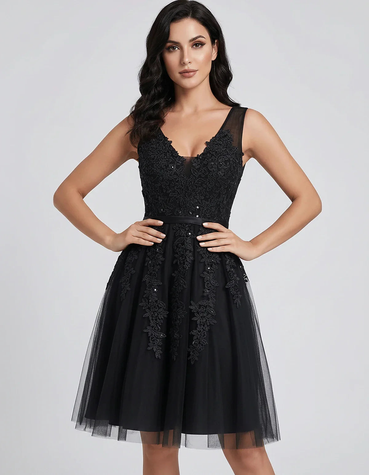 Tulle Lace Appliqué Sleeveless V-Neck A-Line Mini Dress for Party, Cocktail, Evening, Wedding Guest, Summer Events, front vie | SKU: AMD-583947261840157-BLACK-L,AMD-583947261840157-BLACK-M,AMD-583947261840157-BLACK-S,AMD-583947261840157-BLACK-XL,AMD-583947261840157-BLACK-XS