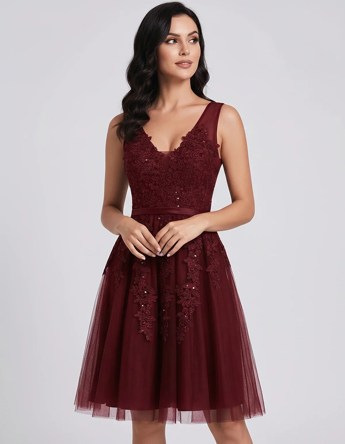 Tulle Lace Appliqué Sleeveless V-Neck A-Line Mini Dress for Party, Cocktail, Evening, Wedding Guest, Summer Events, front vie | SKU: AMD-583947261840157-BURGUNDY-L,AMD-583947261840157-BURGUNDY-M,AMD-583947261840157-BURGUNDY-S,AMD-583947261840157-BURGUNDY-XL,AMD-583947261840157-BURGUNDY-XS