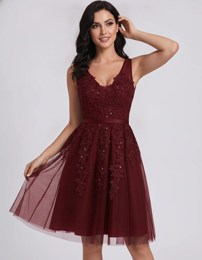 Tulle Lace Appliqué Sleeveless V-Neck A-Line Mini Dress for Party, Cocktail, Evening, Wedding Guest, Summer Events, front vie | SKU: AMD-583947261840157-BURGUNDY-L,AMD-583947261840157-BURGUNDY-M,AMD-583947261840157-BURGUNDY-S,AMD-583947261840157-BURGUNDY-XL,AMD-583947261840157-BURGUNDY-XS