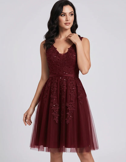 Tulle Lace Appliqué Sleeveless V-Neck A-Line Mini Dress for Party, Cocktail, Evening, Wedding Guest, Summer Events, front vie | SKU: AMD-583947261840157-BURGUNDY-L,AMD-583947261840157-BURGUNDY-M,AMD-583947261840157-BURGUNDY-S,AMD-583947261840157-BURGUNDY-XL,AMD-583947261840157-BURGUNDY-XS