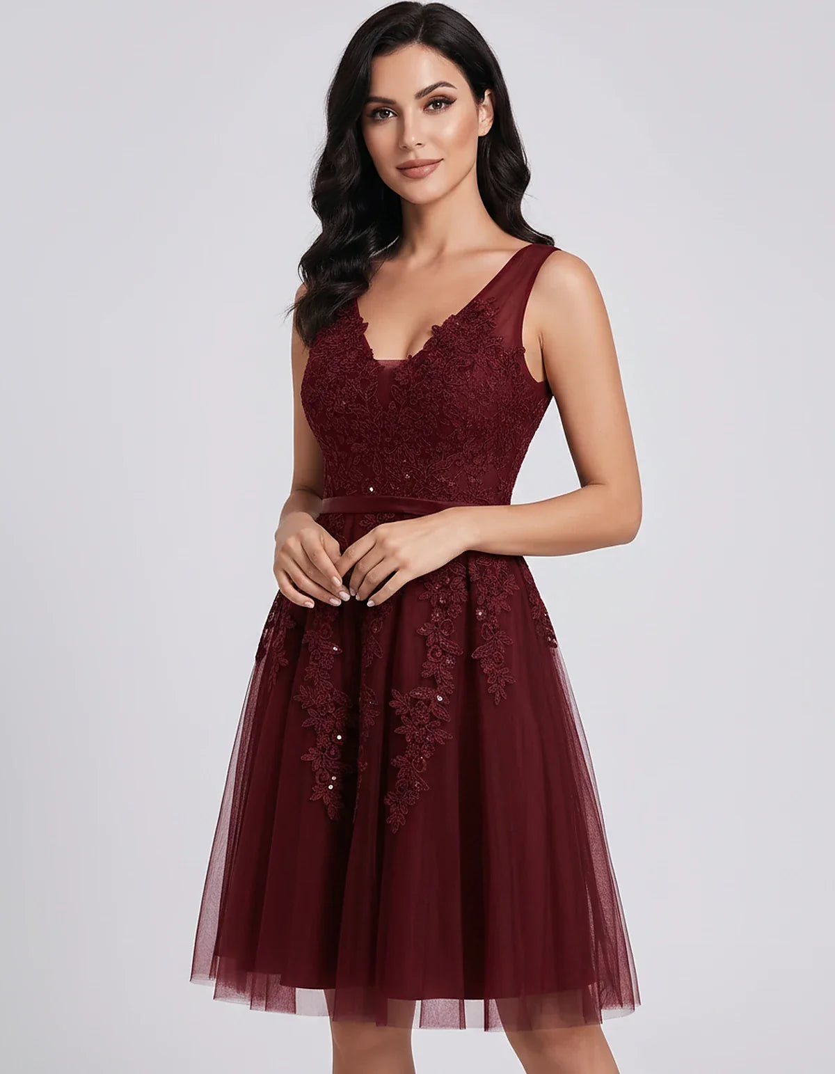 Tulle Lace Appliqué Sleeveless V-Neck A-Line Mini Dress for Party, Cocktail, Evening, Wedding Guest, Summer Events, front vie | SKU: AMD-583947261840157-BURGUNDY-L,AMD-583947261840157-BURGUNDY-M,AMD-583947261840157-BURGUNDY-S,AMD-583947261840157-BURGUNDY-XL,AMD-583947261840157-BURGUNDY-XS