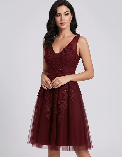 Tulle Lace Appliqué Sleeveless V-Neck A-Line Mini Dress for Party, Cocktail, Evening, Wedding Guest, Summer Events, front vie | SKU: AMD-583947261840157-BURGUNDY-L,AMD-583947261840157-BURGUNDY-M,AMD-583947261840157-BURGUNDY-S,AMD-583947261840157-BURGUNDY-XL,AMD-583947261840157-BURGUNDY-XS
