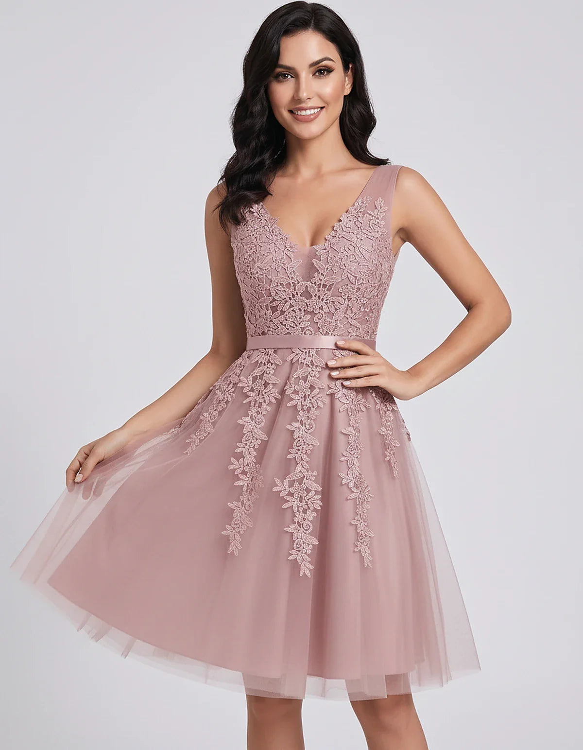 Tulle Lace Appliqué Sleeveless V-Neck A-Line Mini Dress for Party, Cocktail, Evening, Wedding Guest, Summer Events, front vie | SKU: AMD-583947261840157-DUSTYPINK-L,AMD-583947261840157-DUSTYPINK-M,AMD-583947261840157-DUSTYPINK-S,AMD-583947261840157-DUSTYPINK-XL,AMD-583947261840157-DUSTYPINK-XS