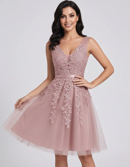 Tulle Lace Appliqué Sleeveless V-Neck A-Line Mini Dress for Party, Cocktail, Evening, Wedding Guest, Summer Events, front vie | SKU: AMD-583947261840157-DUSTYPINK-L,AMD-583947261840157-DUSTYPINK-M,AMD-583947261840157-DUSTYPINK-S,AMD-583947261840157-DUSTYPINK-XL,AMD-583947261840157-DUSTYPINK-XS