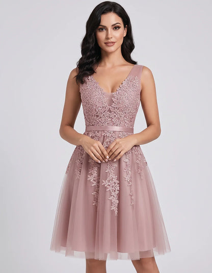 Tulle Lace Appliqué Sleeveless V-Neck A-Line Mini Dress for Party, Cocktail, Evening, Wedding Guest, Summer Events, front vie | SKU: AMD-583947261840157-DUSTYPINK-L,AMD-583947261840157-DUSTYPINK-M,AMD-583947261840157-DUSTYPINK-S,AMD-583947261840157-DUSTYPINK-XL,AMD-583947261840157-DUSTYPINK-XS