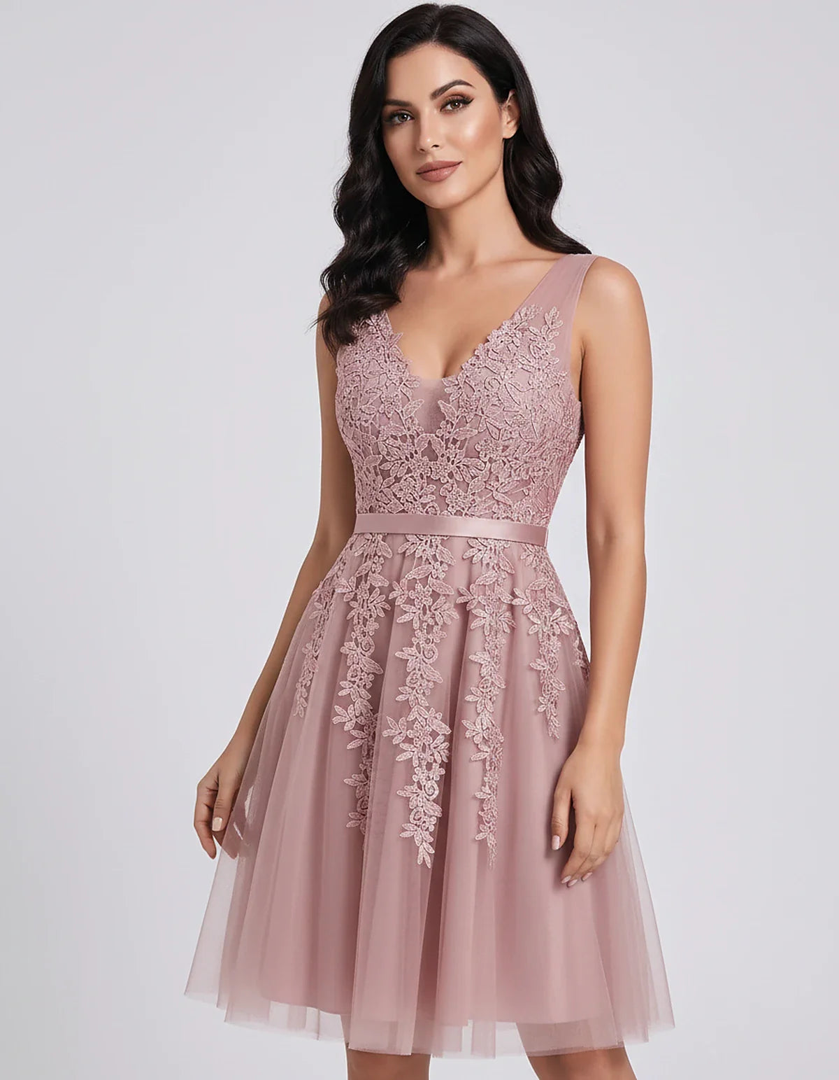 Tulle Lace Appliqué Sleeveless V-Neck A-Line Mini Dress for Party, Cocktail, Evening, Wedding Guest, Summer Events, front vie | SKU: AMD-583947261840157-DUSTYPINK-L,AMD-583947261840157-DUSTYPINK-M,AMD-583947261840157-DUSTYPINK-S,AMD-583947261840157-DUSTYPINK-XL,AMD-583947261840157-DUSTYPINK-XS