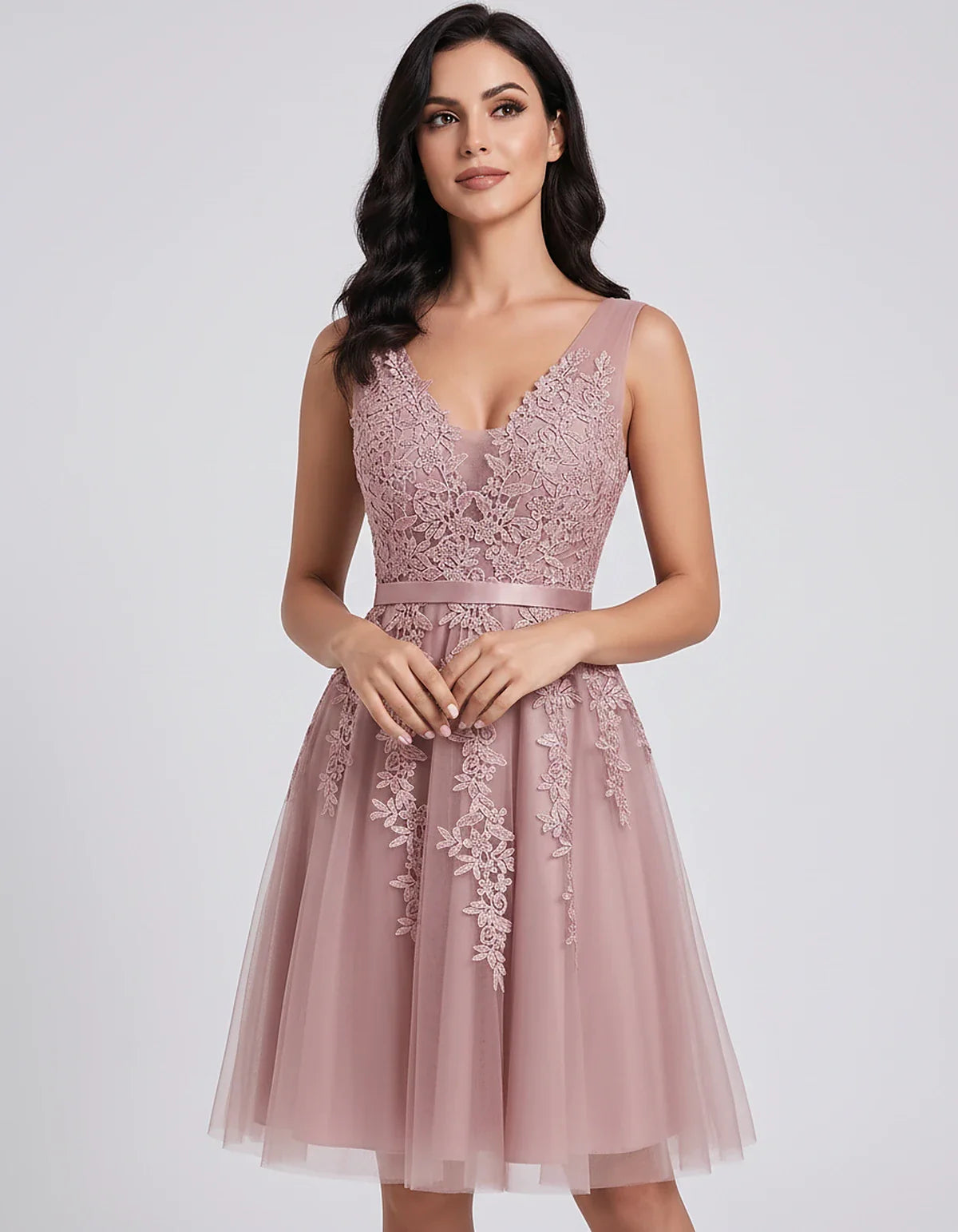Tulle Lace Appliqué Sleeveless V-Neck A-Line Mini Dress for Party, Cocktail, Evening, Wedding Guest, Summer Events, front vie | SKU: AMD-583947261840157-DUSTYPINK-L,AMD-583947261840157-DUSTYPINK-M,AMD-583947261840157-DUSTYPINK-S,AMD-583947261840157-DUSTYPINK-XL,AMD-583947261840157-DUSTYPINK-XS