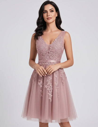 Tulle Lace Appliqué Sleeveless V-Neck A-Line Mini Dress for Party, Cocktail, Evening, Wedding Guest, Summer Events, front vie | SKU: AMD-583947261840157-DUSTYPINK-L,AMD-583947261840157-DUSTYPINK-M,AMD-583947261840157-DUSTYPINK-S,AMD-583947261840157-DUSTYPINK-XL,AMD-583947261840157-DUSTYPINK-XS