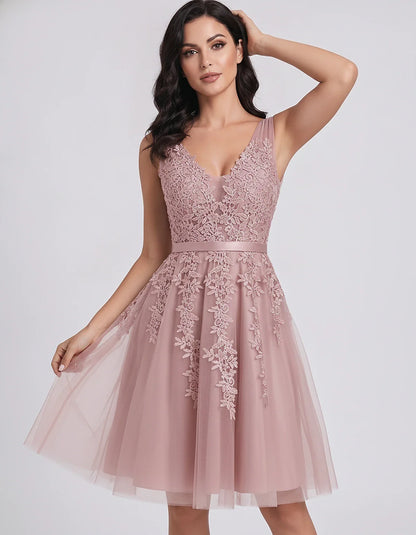 Tulle Lace Appliqué Sleeveless V-Neck A-Line Mini Dress for Party, Cocktail, Evening, Wedding Guest, Summer Events, front vie | SKU: AMD-583947261840157-DUSTYPINK-L,AMD-583947261840157-DUSTYPINK-M,AMD-583947261840157-DUSTYPINK-S,AMD-583947261840157-DUSTYPINK-XL,AMD-583947261840157-DUSTYPINK-XS