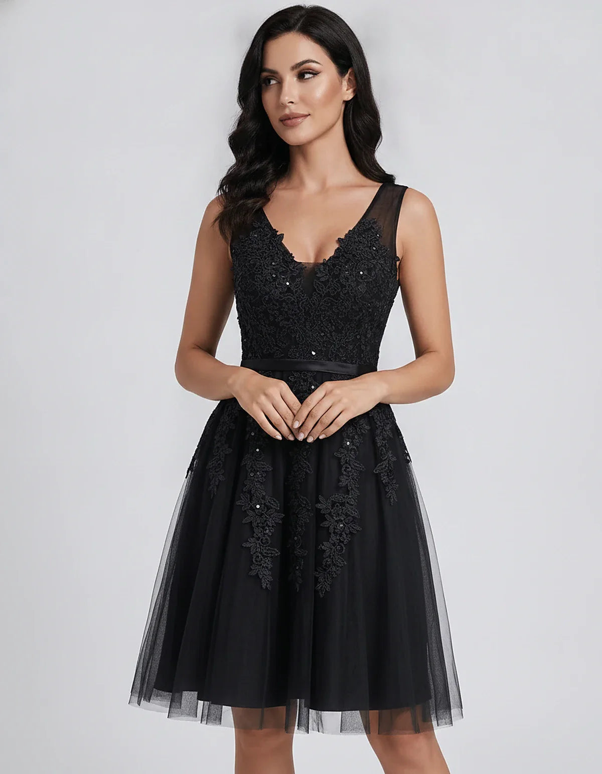 Tulle Lace Appliqué Sleeveless V-Neck A-Line Mini Dress for Party, Cocktail, Evening, Wedding Guest, Summer Events, front vie | SKU: AMD-583947261840157-BLACK-L,AMD-583947261840157-BLACK-M,AMD-583947261840157-BLACK-S,AMD-583947261840157-BLACK-XL,AMD-583947261840157-BLACK-XS