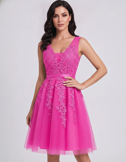 Tulle Lace Appliqué Sleeveless V-Neck A-Line Mini Dress for Party, Cocktail, Evening, Wedding Guest, Summer Events, front vie | SKU: AMD-583947261840157-FUCHSIA-L,AMD-583947261840157-FUCHSIA-M,AMD-583947261840157-FUCHSIA-S,AMD-583947261840157-FUCHSIA-XL,AMD-583947261840157-FUCHSIA-XS