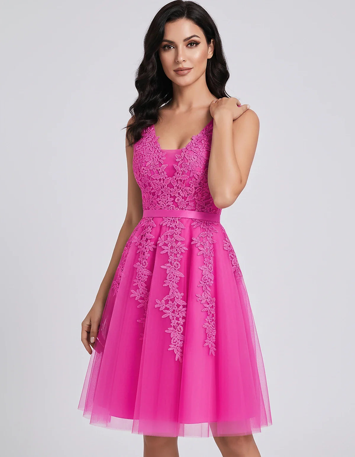 Tulle Lace Appliqué Sleeveless V-Neck A-Line Mini Dress for Party, Cocktail, Evening, Wedding Guest, Summer Events, front vie | SKU: AMD-583947261840157-FUCHSIA-L,AMD-583947261840157-FUCHSIA-M,AMD-583947261840157-FUCHSIA-S,AMD-583947261840157-FUCHSIA-XL,AMD-583947261840157-FUCHSIA-XS