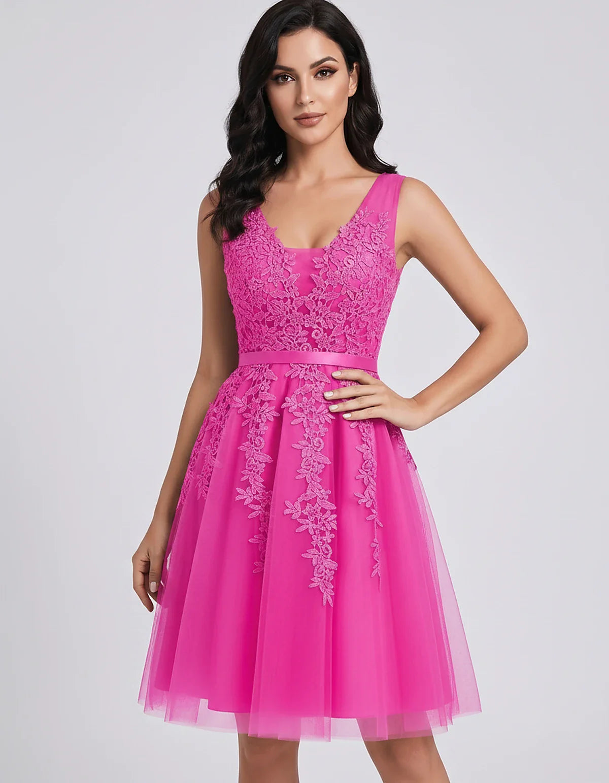 Tulle Lace Appliqué Sleeveless V-Neck A-Line Mini Dress for Party, Cocktail, Evening, Wedding Guest, Summer Events, front vie | SKU: AMD-583947261840157-FUCHSIA-L,AMD-583947261840157-FUCHSIA-M,AMD-583947261840157-FUCHSIA-S,AMD-583947261840157-FUCHSIA-XL,AMD-583947261840157-FUCHSIA-XS