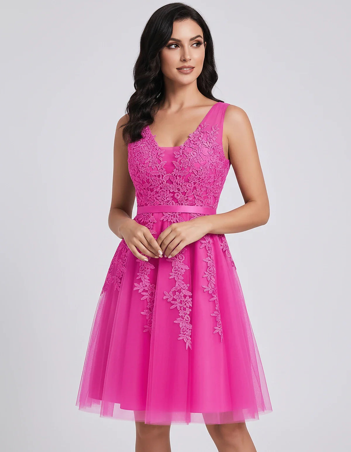 Tulle Lace Appliqué Sleeveless V-Neck A-Line Mini Dress for Party, Cocktail, Evening, Wedding Guest, Summer Events, front vie | SKU: AMD-583947261840157-FUCHSIA-L,AMD-583947261840157-FUCHSIA-M,AMD-583947261840157-FUCHSIA-S,AMD-583947261840157-FUCHSIA-XL,AMD-583947261840157-FUCHSIA-XS