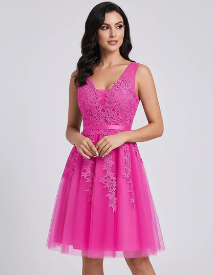 Tulle Lace Appliqué Sleeveless V-Neck A-Line Mini Dress for Party, Cocktail, Evening, Wedding Guest, Summer Events, front vie | SKU: AMD-583947261840157-FUCHSIA-L,AMD-583947261840157-FUCHSIA-M,AMD-583947261840157-FUCHSIA-S,AMD-583947261840157-FUCHSIA-XL,AMD-583947261840157-FUCHSIA-XS