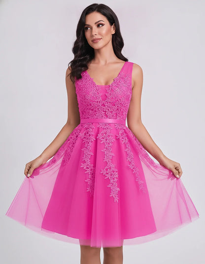Tulle Lace Appliqué Sleeveless V-Neck A-Line Mini Dress for Party, Cocktail, Evening, Wedding Guest, Summer Events, front vie | SKU: AMD-583947261840157-FUCHSIA-L,AMD-583947261840157-FUCHSIA-M,AMD-583947261840157-FUCHSIA-S,AMD-583947261840157-FUCHSIA-XL,AMD-583947261840157-FUCHSIA-XS