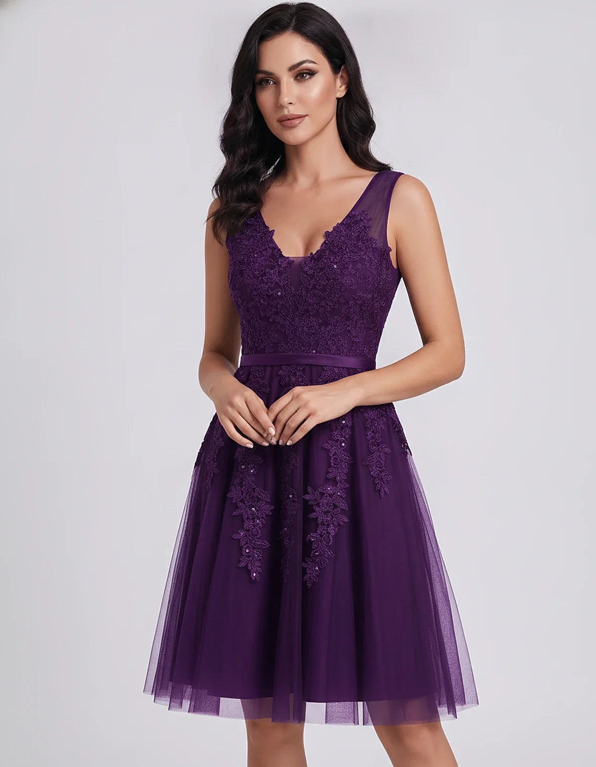 Tulle Lace Appliqué Sleeveless V-Neck A-Line Mini Dress for Party, Cocktail, Evening, Wedding Guest, Summer Events, front vie | SKU: AMD-583947261840157-PLUM-L,AMD-583947261840157-PLUM-M,AMD-583947261840157-PLUM-S,AMD-583947261840157-PLUM-XL,AMD-583947261840157-PLUM-XS