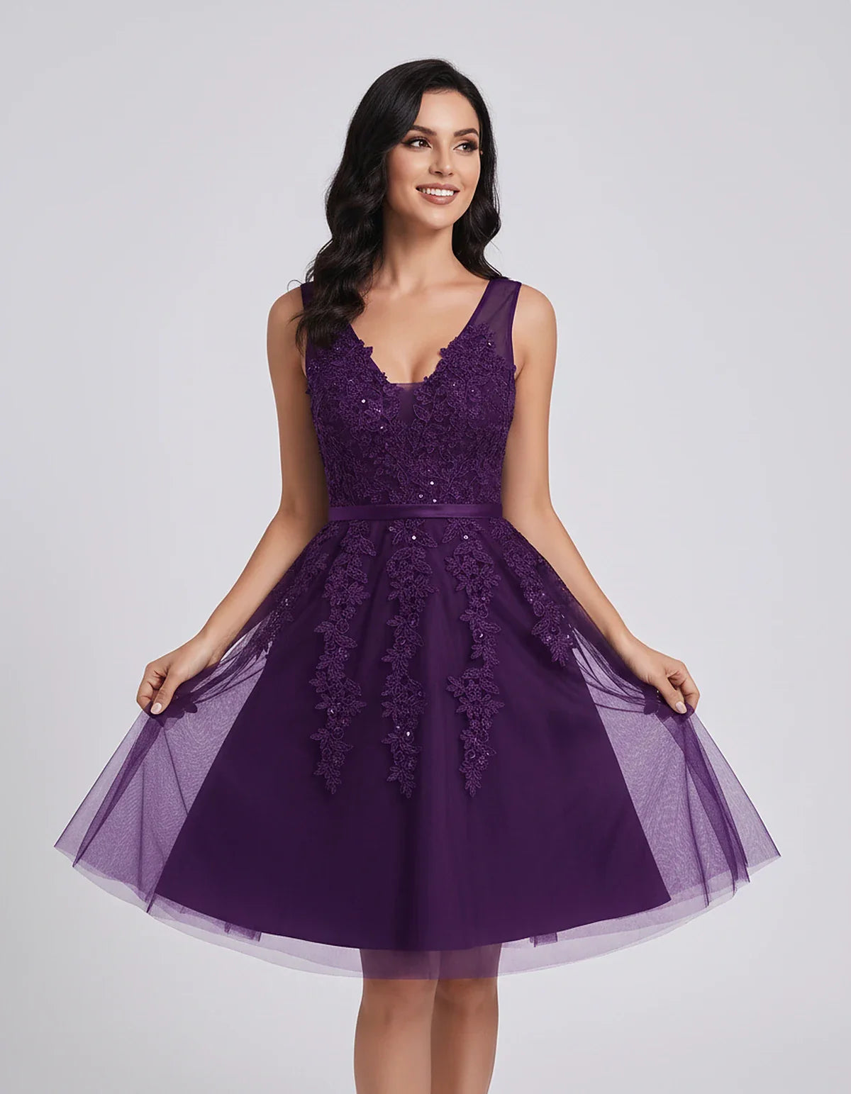 Tulle Lace Appliqué Sleeveless V-Neck A-Line Mini Dress for Party, Cocktail, Evening, Wedding Guest, Summer Events, front vie | SKU: AMD-583947261840157-PLUM-L,AMD-583947261840157-PLUM-M,AMD-583947261840157-PLUM-S,AMD-583947261840157-PLUM-XL,AMD-583947261840157-PLUM-XS