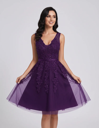 Tulle Lace Appliqué Sleeveless V-Neck A-Line Mini Dress for Party, Cocktail, Evening, Wedding Guest, Summer Events, front vie | SKU: AMD-583947261840157-PLUM-L,AMD-583947261840157-PLUM-M,AMD-583947261840157-PLUM-S,AMD-583947261840157-PLUM-XL,AMD-583947261840157-PLUM-XS