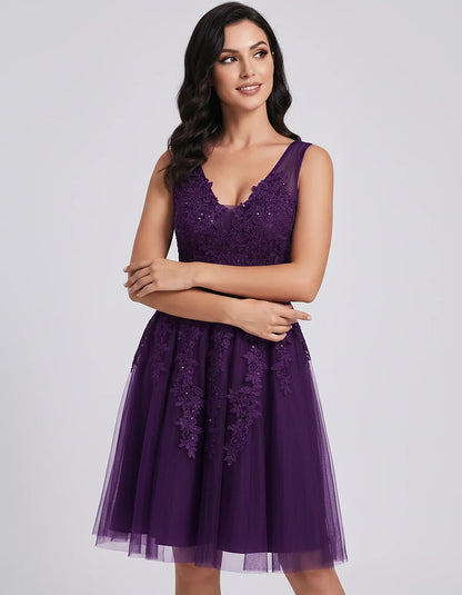 Tulle Lace Appliqué Sleeveless V-Neck A-Line Mini Dress for Party, Cocktail, Evening, Wedding Guest, Summer Events, front vie | SKU: AMD-583947261840157-PLUM-L,AMD-583947261840157-PLUM-M,AMD-583947261840157-PLUM-S,AMD-583947261840157-PLUM-XL,AMD-583947261840157-PLUM-XS
